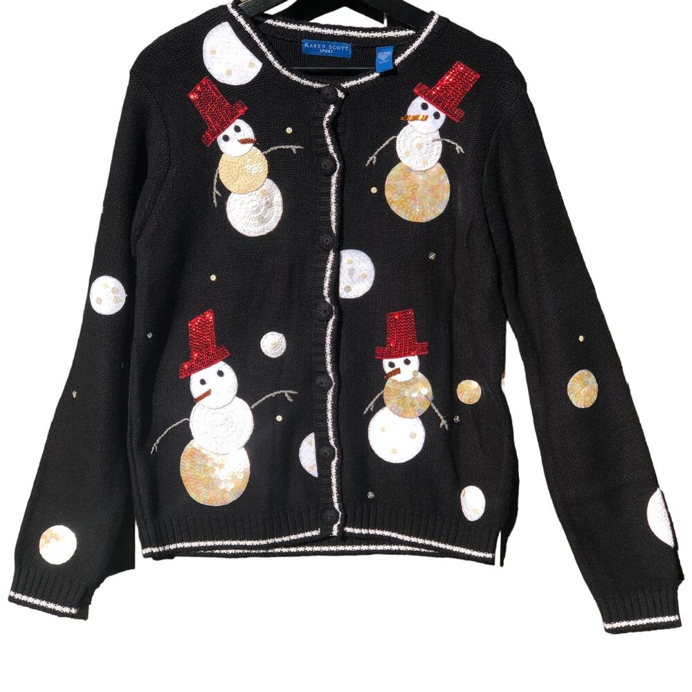 Vintage Snowman Christmas Sweater, Black Cardigan with Sequins and Beads, Small